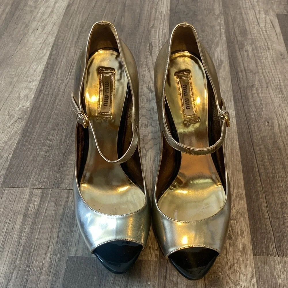 Miu Miu Platform Heels Gold Black Peep Toe